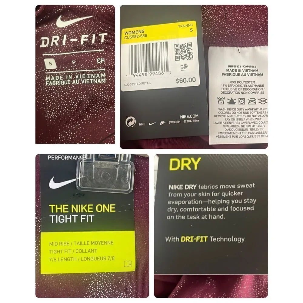 Nike Mid Rise Tight Fit 7/8 Length Training Tight S Maroon Metallic
